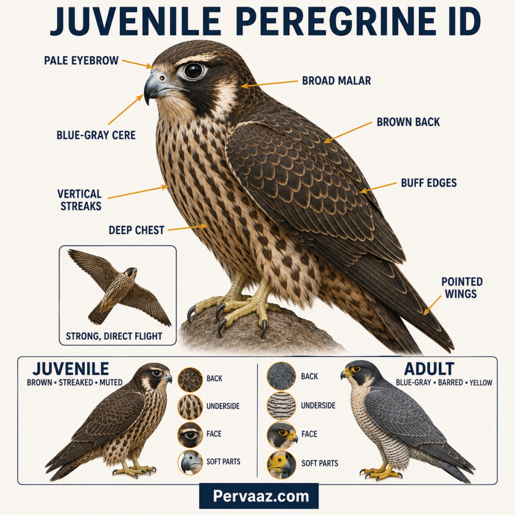 Illustrated juvenile Peregrine Falcon field marks and juvenile versus adult comparison